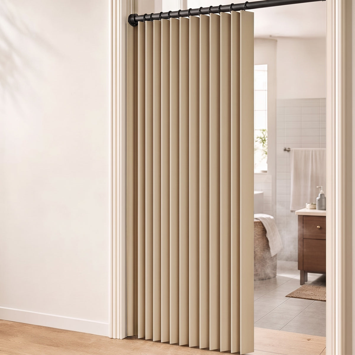 Magnetiskt Dragspelsgardin för Dörr – Borrhålslös Installation i färgen beige