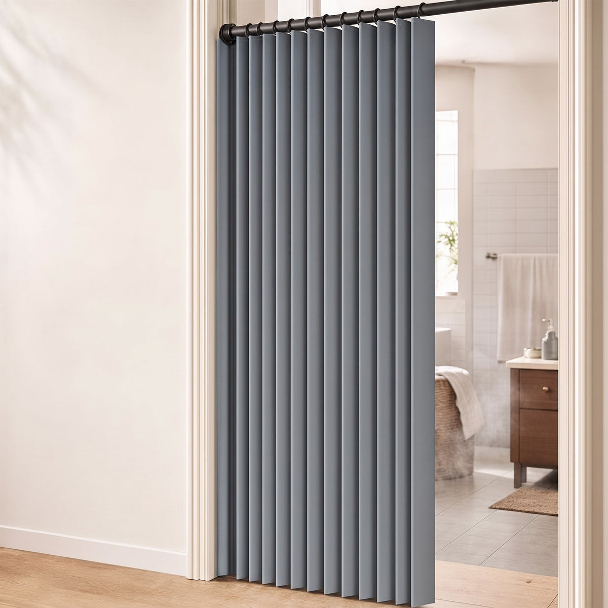 Magnetiskt Dragspelsgardin för Dörr – Borrhålslös Installation i färgen grå
