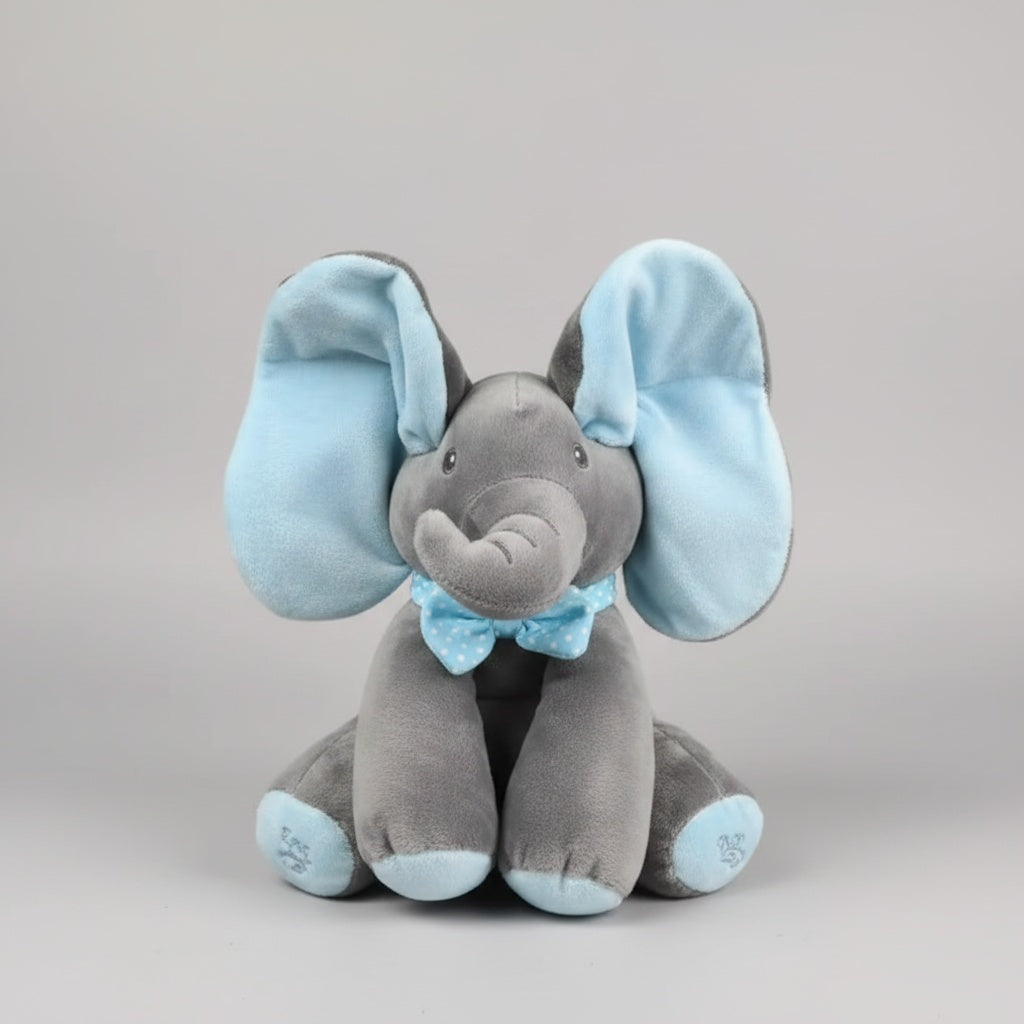 Peek-a-boo elefant gosedjur i blå – sitter med öronen uppe