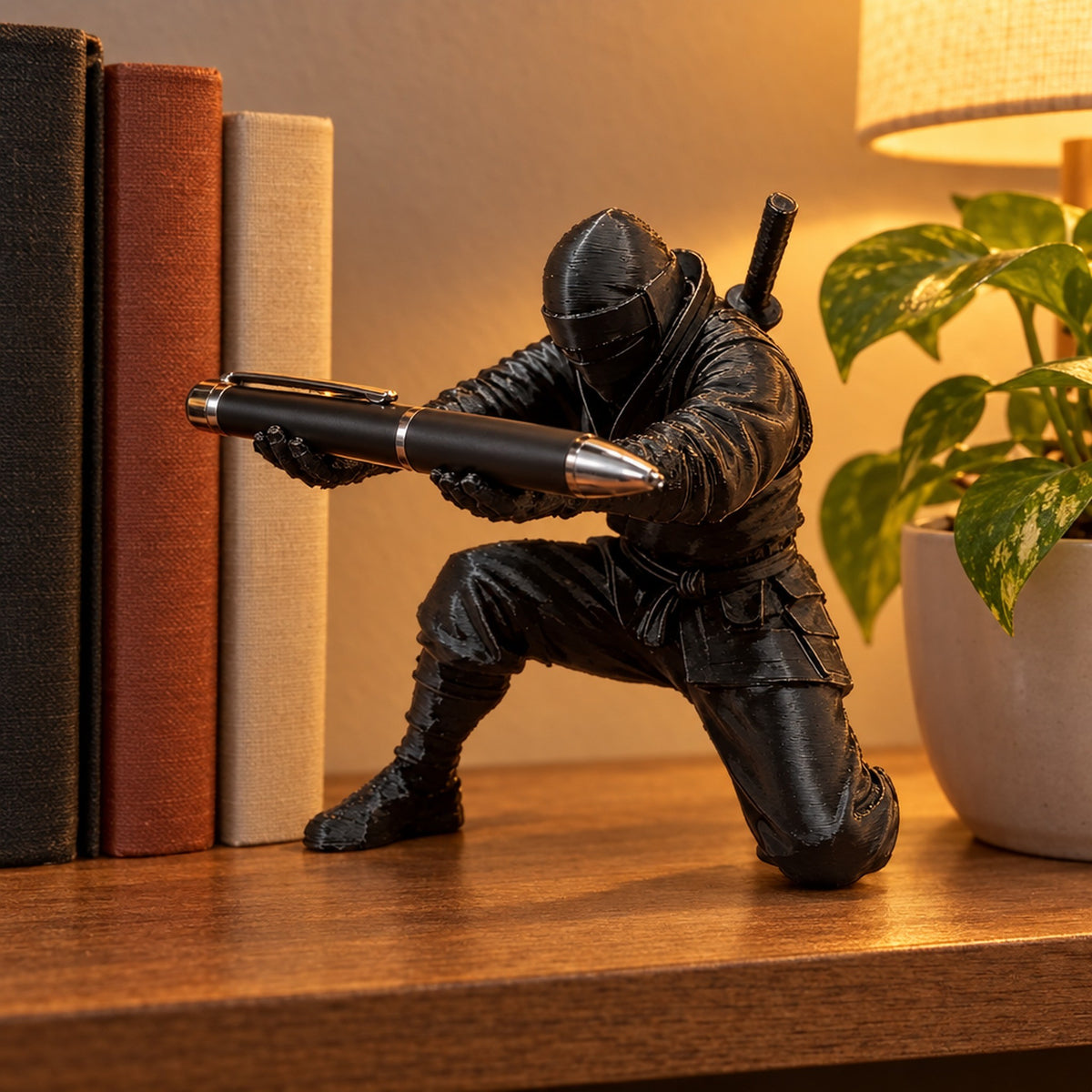 Ninjafigur med penna på hylla bredvid böcker och växt
