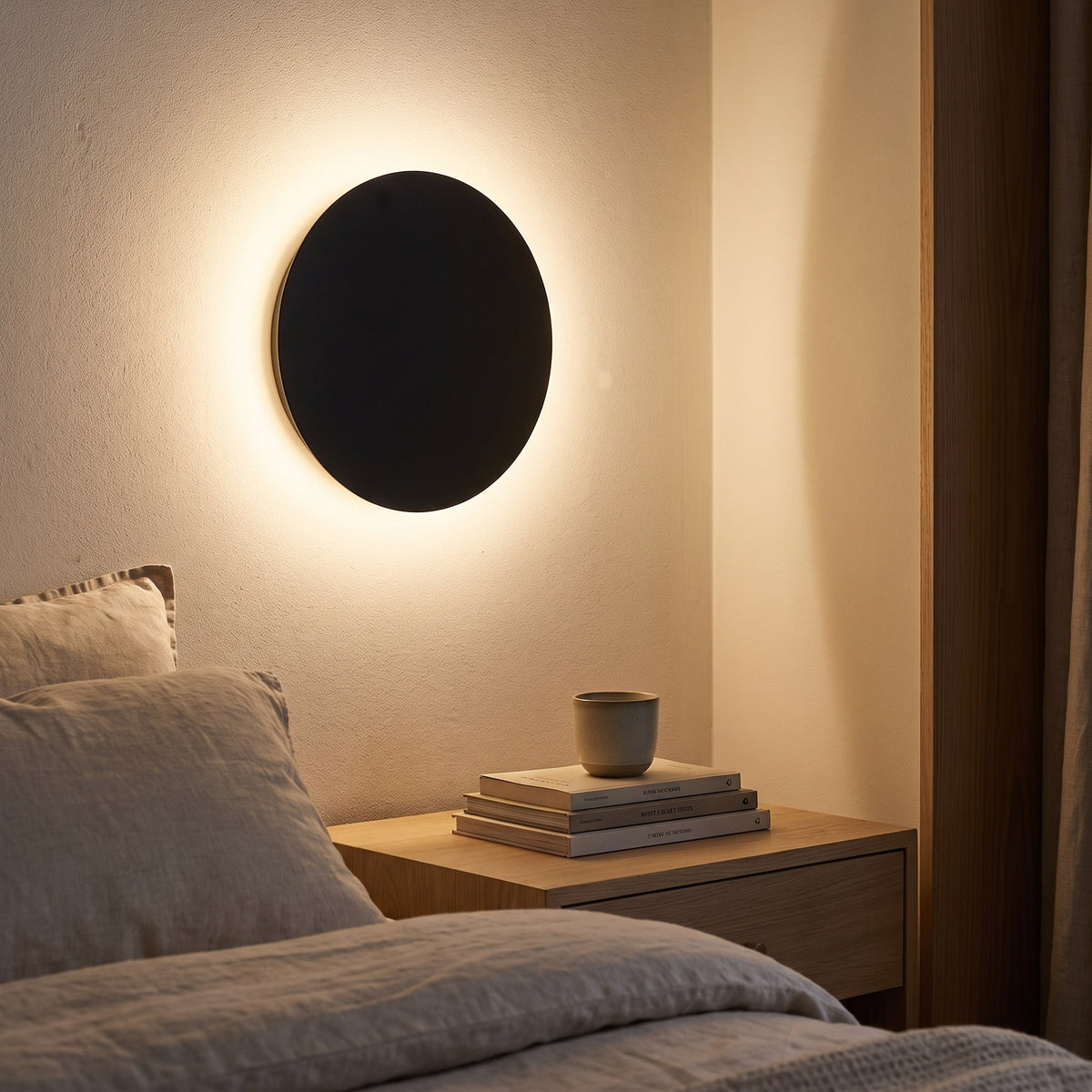 Svart rund LED-vägglampa som kvällsbelysning ovanför sängbord