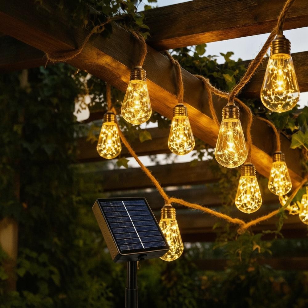 Solcellsdrivna ljusslingor i hamparep på pergola, varmvit LED, solpanel synlig