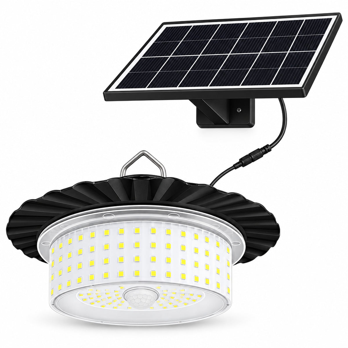 Svart solcellsdriven hänglampa med separat solpanel på vit bakgrund