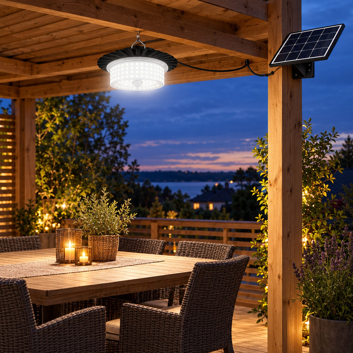 Hänglampa under pergola med lysande vitt ljus på kvällen