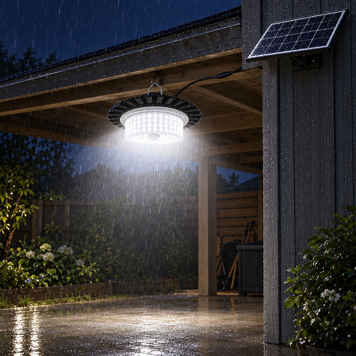 Lampa lyser under taket i regn med solpanel på väggen