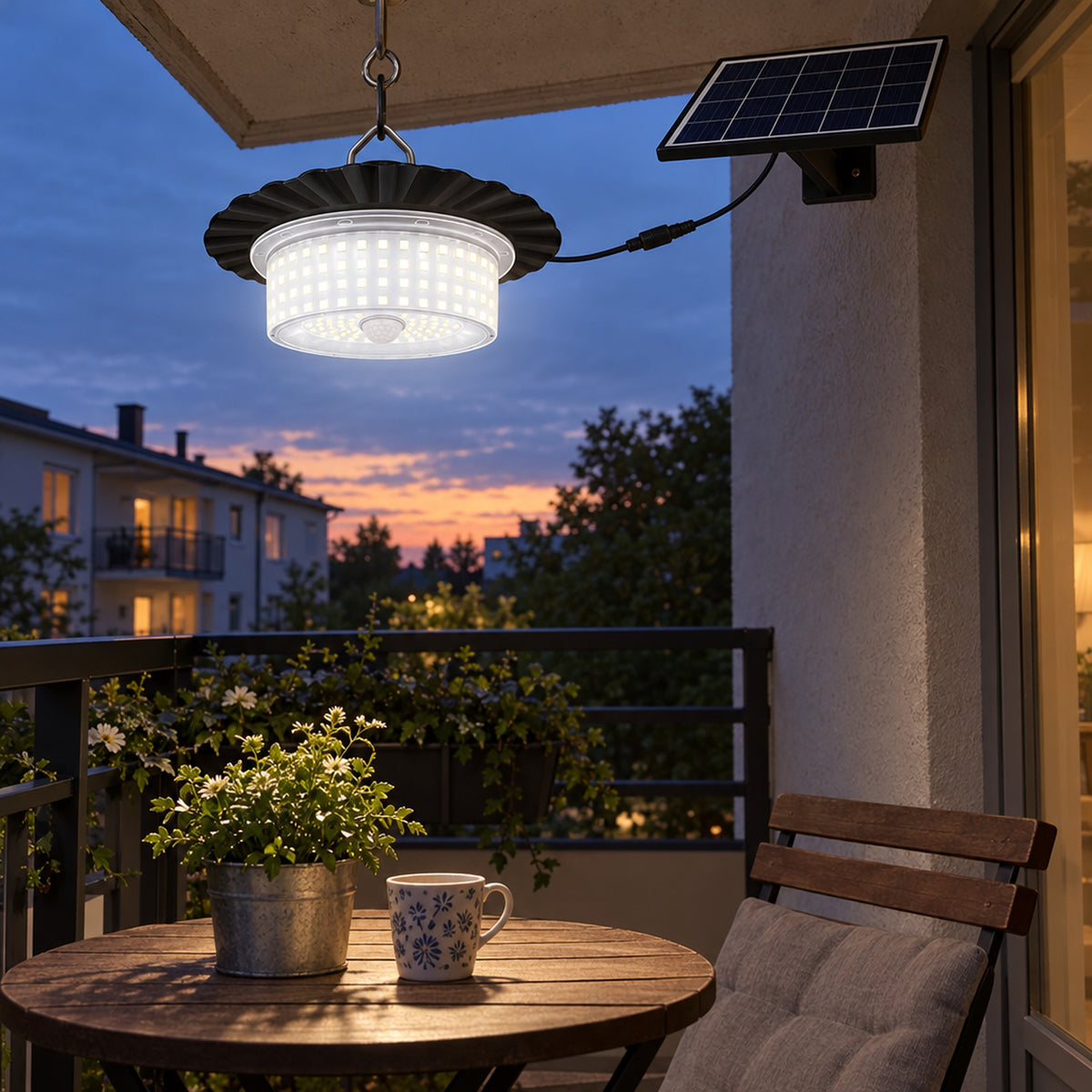 Hänglampa lyser över cafébord på balkong i skymningen