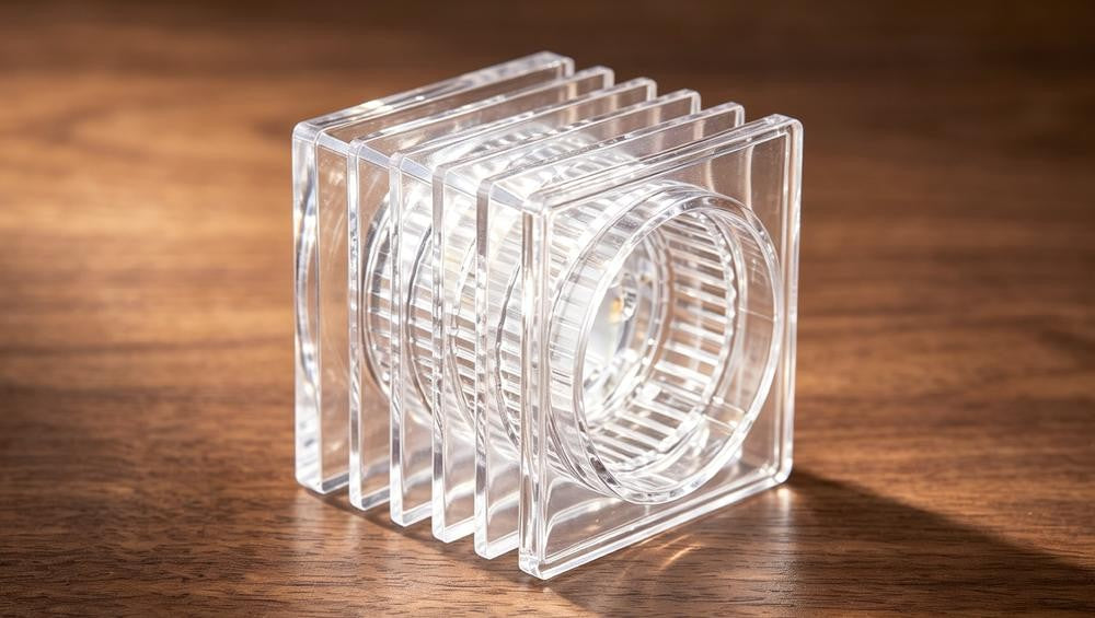 Närbild på lampskärm med räfflat klart glas