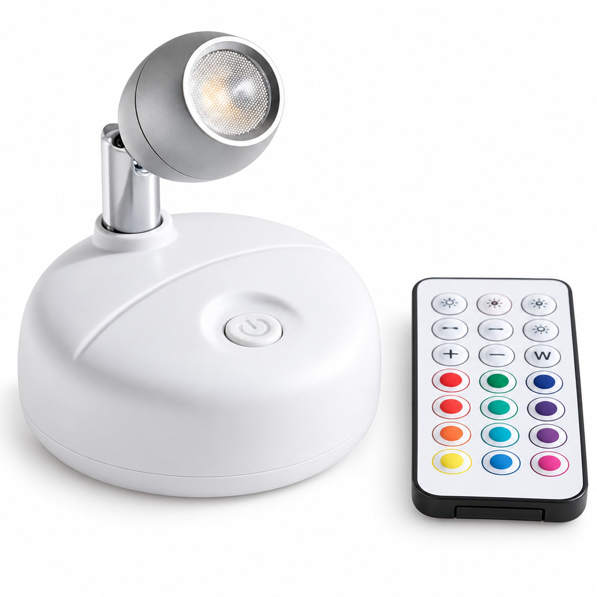 Vit uplight med silvergrå spothuvud och fjärrkontroll
