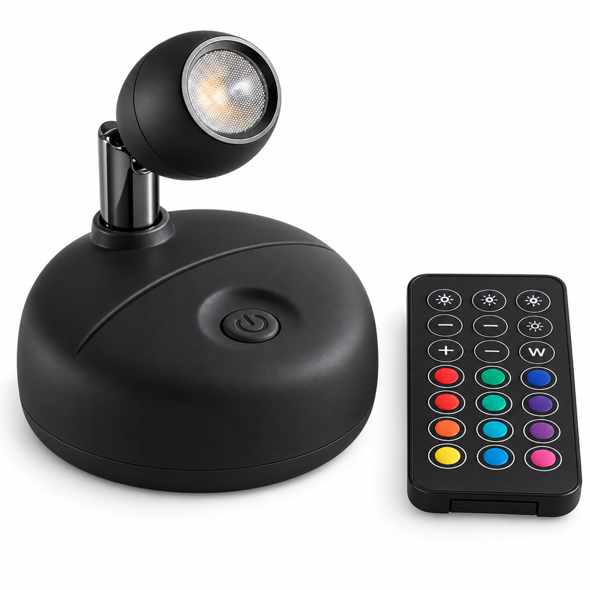 Svart uplight med lutbart spothuvud och svart fjärrkontroll