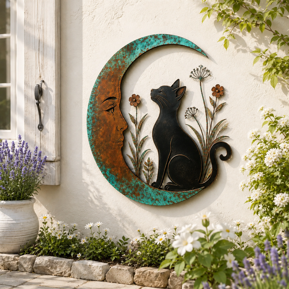 Svart katt och blommor inuti metallmåne på vit vägg